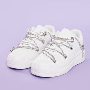 White Sneakers with Silver Accents with Rhinestone Lace